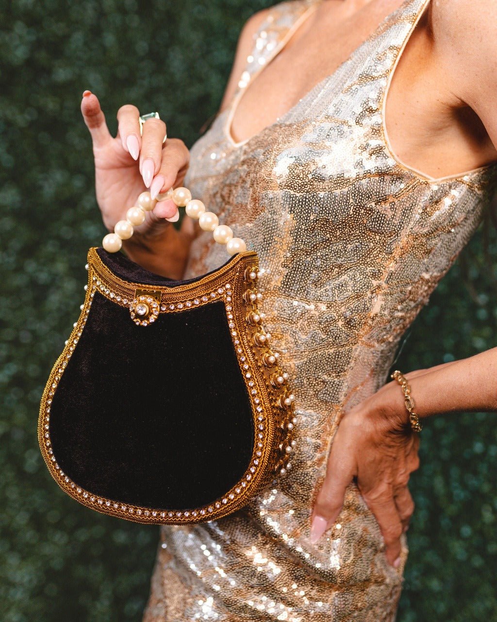 Ornate Satin & Crystal Handbag with Pearl Handle - Pink